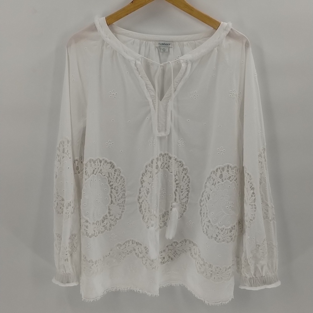 Sundance Top Blouse Tassels Peasant Boho White Embroidered Eyelet Large Sundance